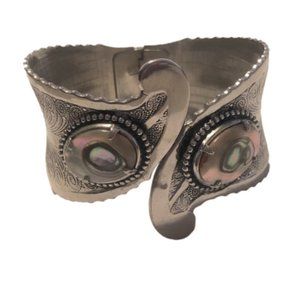 VTG Abalone Silver Tone Spring Hinged Cuff Western Etched Design 6”